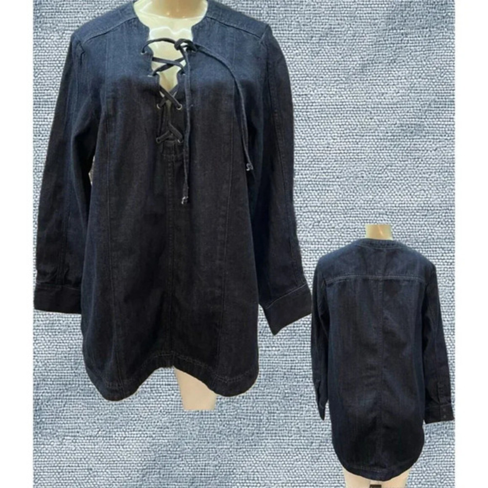 Denim 24/7 12W Denim Tie Lace-Up Neckline Seam Detail Curved Hem Long Sleeve Top